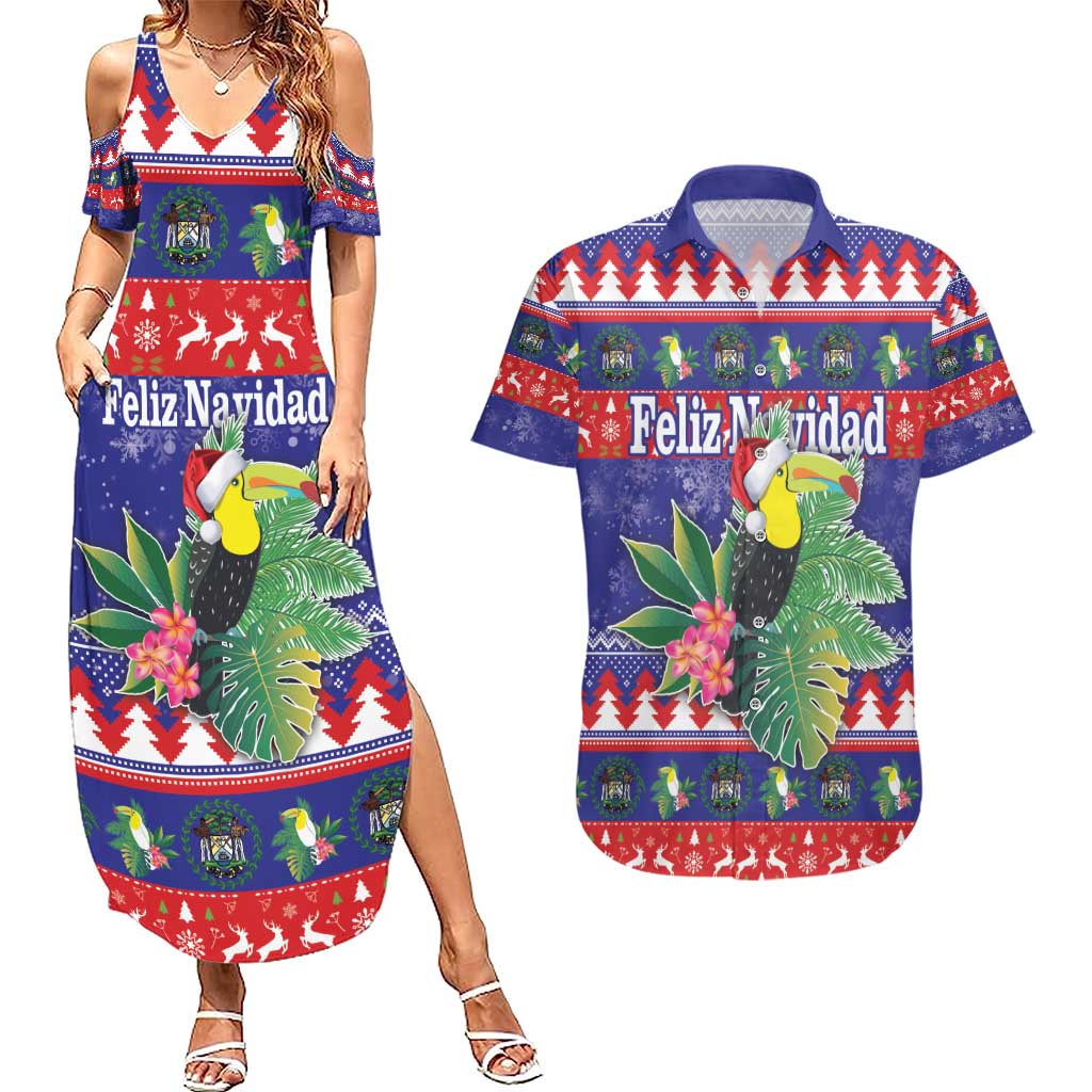 Belize Keel-billed Toucan Bird Christmas Couples Matching Summer Maxi Dress and Hawaiian Shirt Feliz Navidad With Knitted Christmas Pattern - Wonder Print Shop