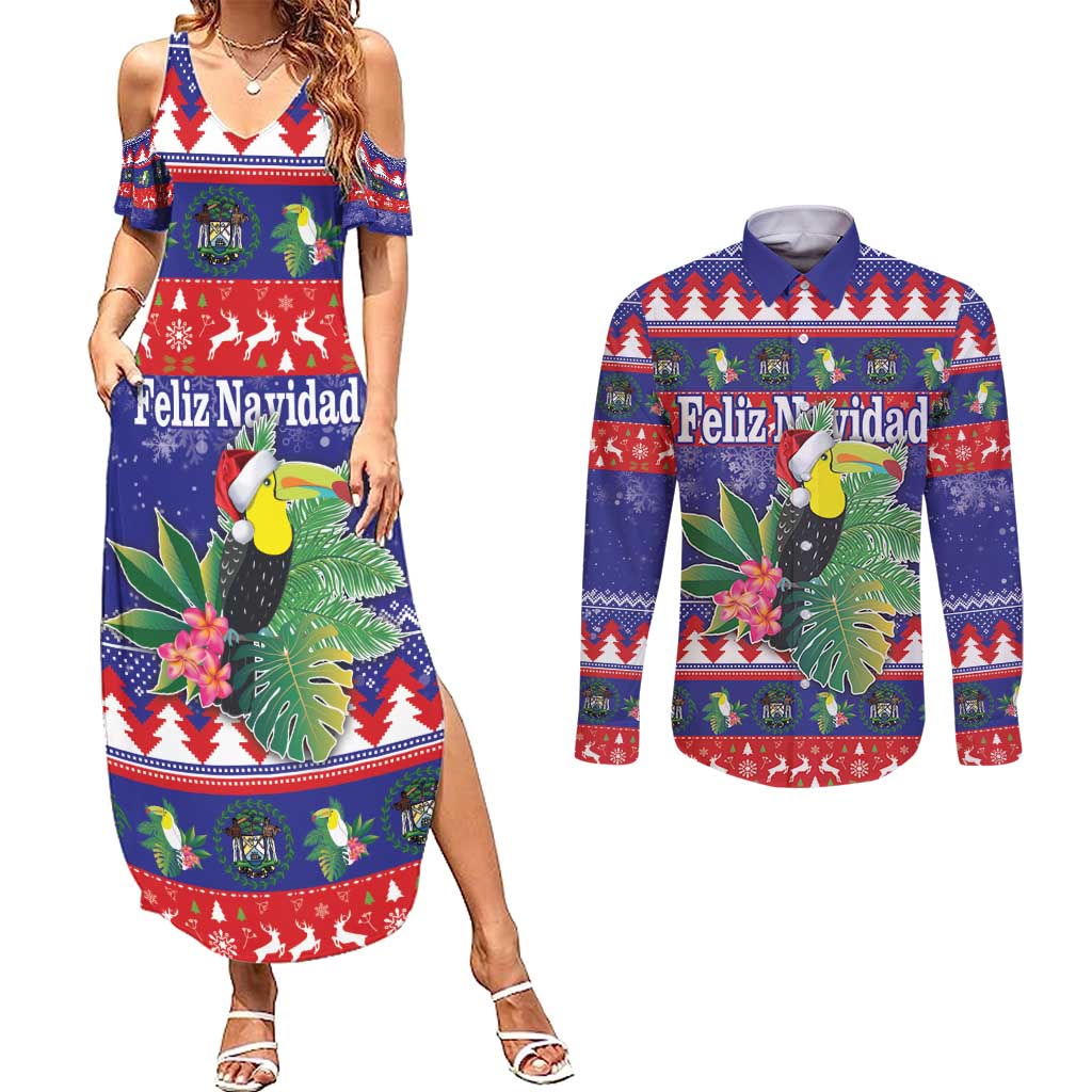 Belize Keel-billed Toucan Bird Christmas Couples Matching Summer Maxi Dress and Long Sleeve Button Shirt Feliz Navidad With Knitted Christmas Pattern - Wonder Print Shop