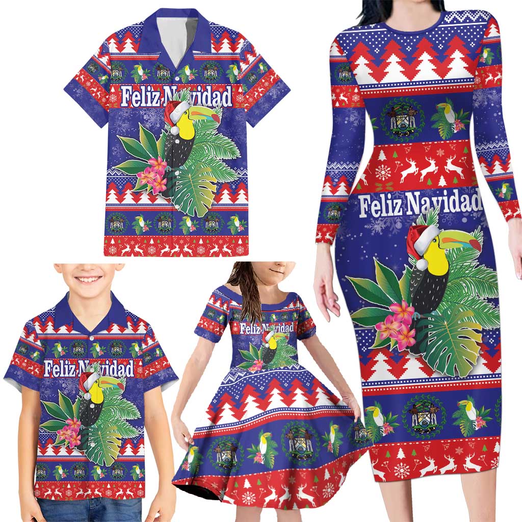 Belize Keel-billed Toucan Bird Christmas Family Matching Long Sleeve Bodycon Dress and Hawaiian Shirt Feliz Navidad With Knitted Christmas Pattern - Wonder Print Shop