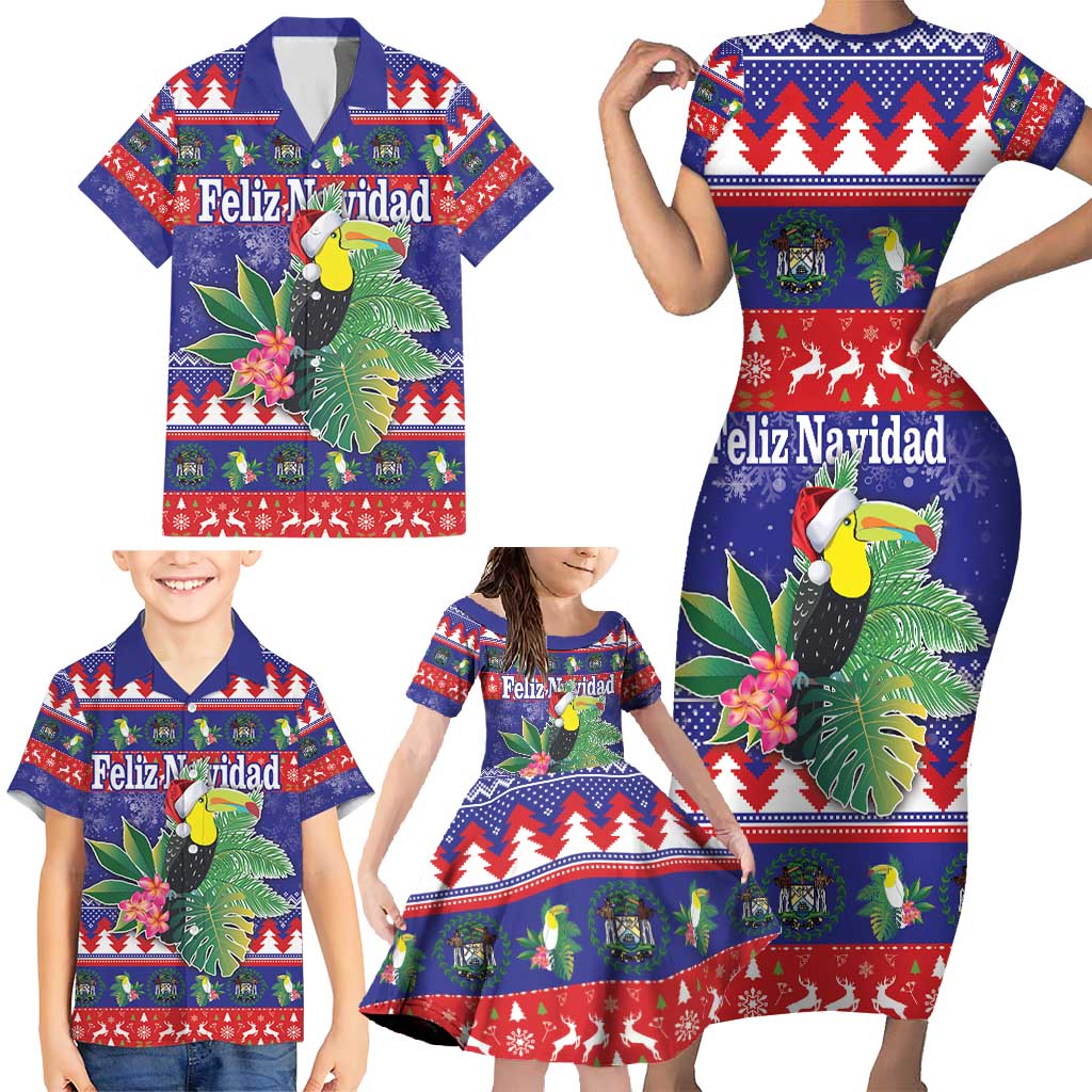 Belize Keel-billed Toucan Bird Christmas Family Matching Short Sleeve Bodycon Dress and Hawaiian Shirt Feliz Navidad With Knitted Christmas Pattern - Wonder Print Shop