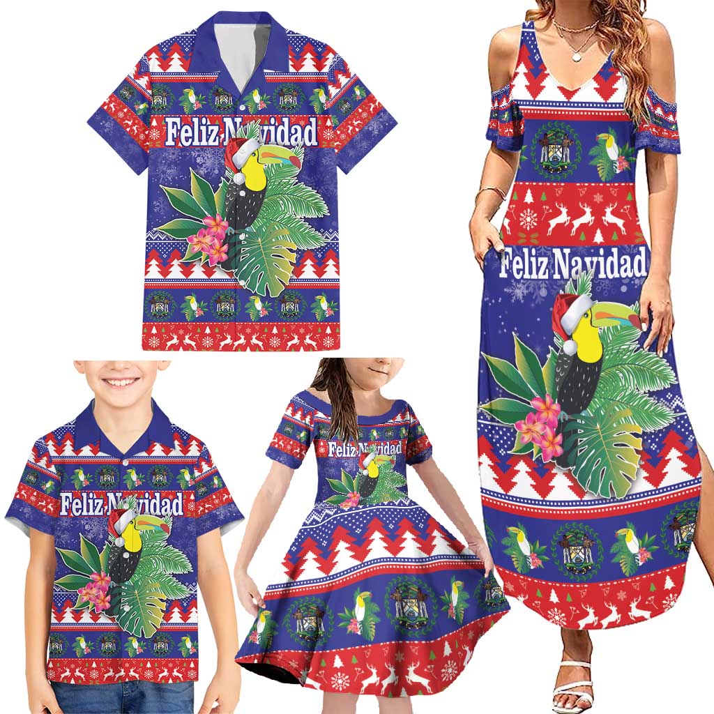 Belize Keel-billed Toucan Bird Christmas Family Matching Summer Maxi Dress and Hawaiian Shirt Feliz Navidad With Knitted Christmas Pattern - Wonder Print Shop