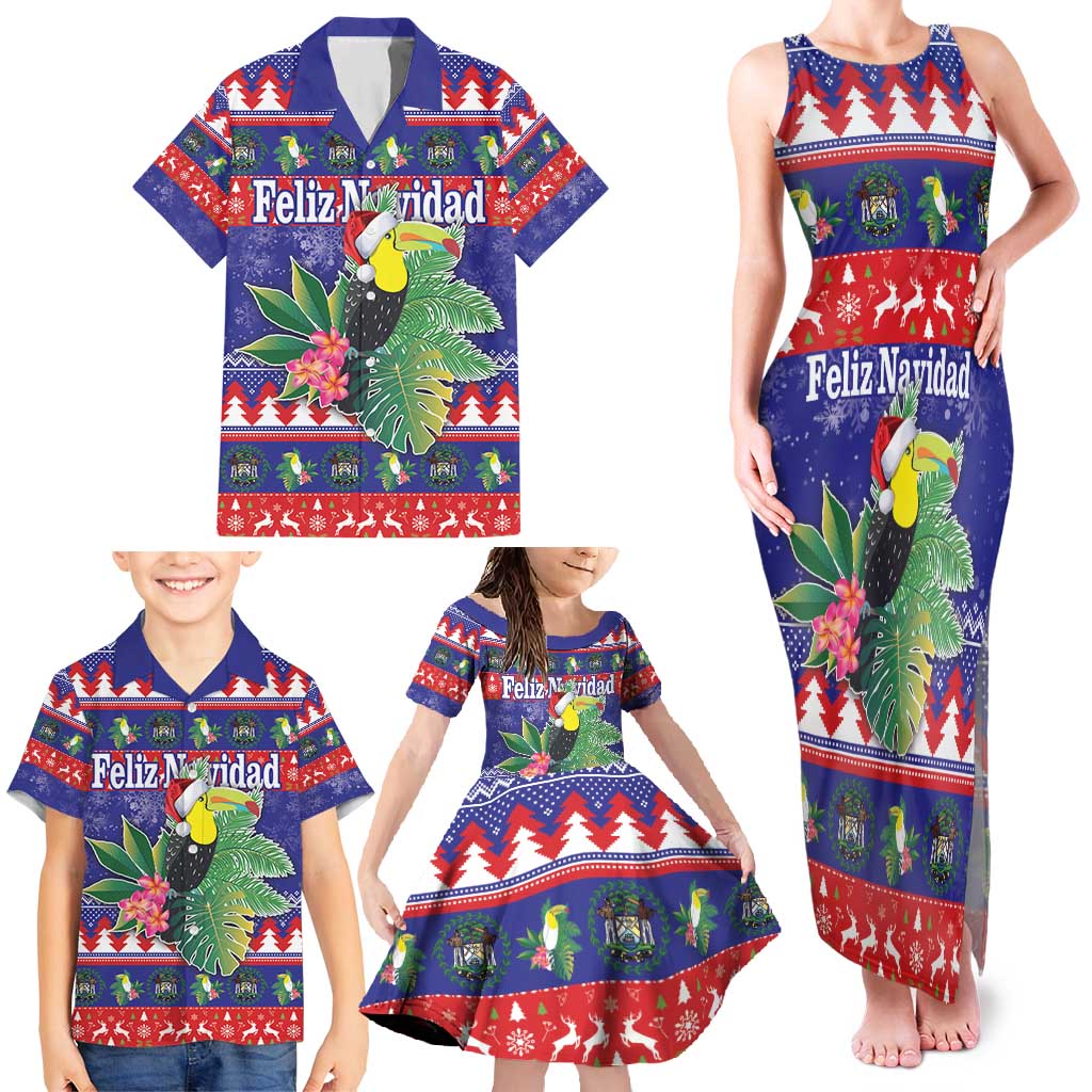 Belize Keel-billed Toucan Bird Christmas Family Matching Tank Maxi Dress and Hawaiian Shirt Feliz Navidad With Knitted Christmas Pattern - Wonder Print Shop