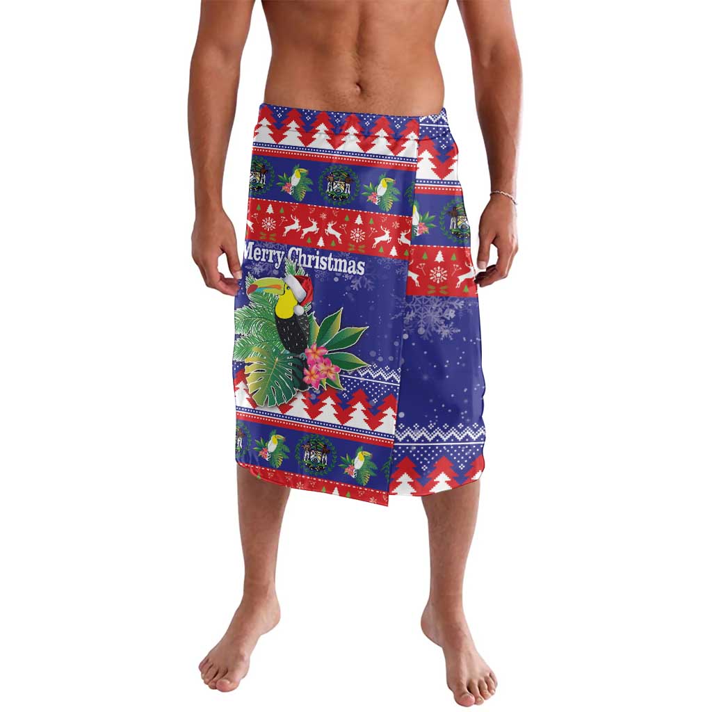 Blue Christmas lavalava with toucan, trees, and zigzag knit pattern