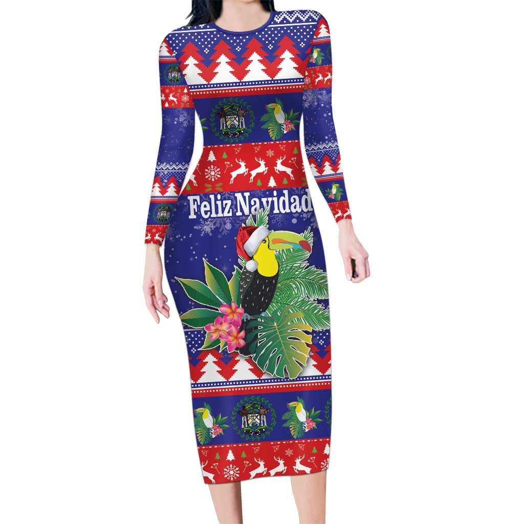 Belize Keel-billed Toucan Bird Christmas Long Sleeve Bodycon Dress Feliz Navidad With Knitted Christmas Pattern - Wonder Print Shop