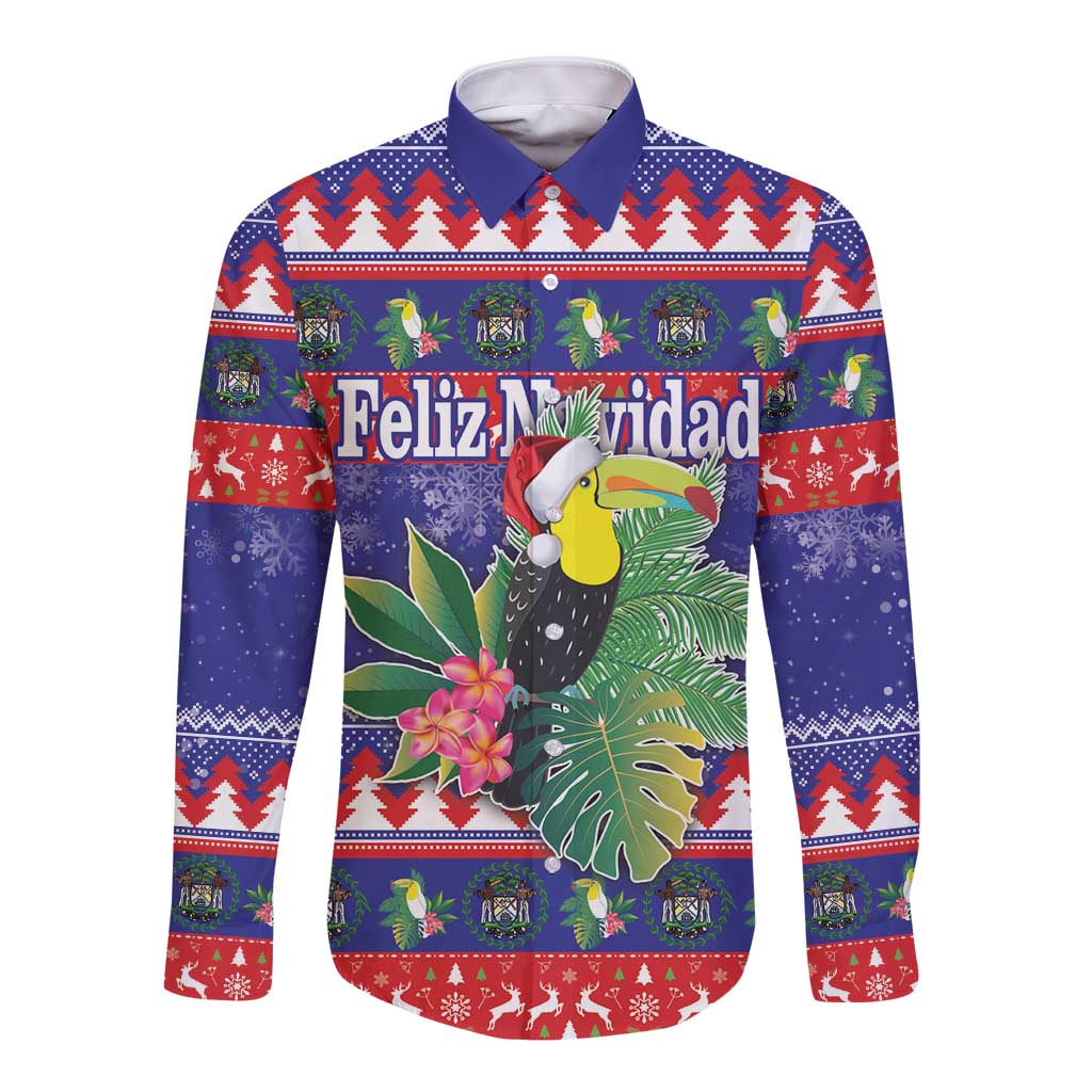 Unisex blue Christmas button-up shirt with toucan, tropical leaves, Feliz Navidad front graphic