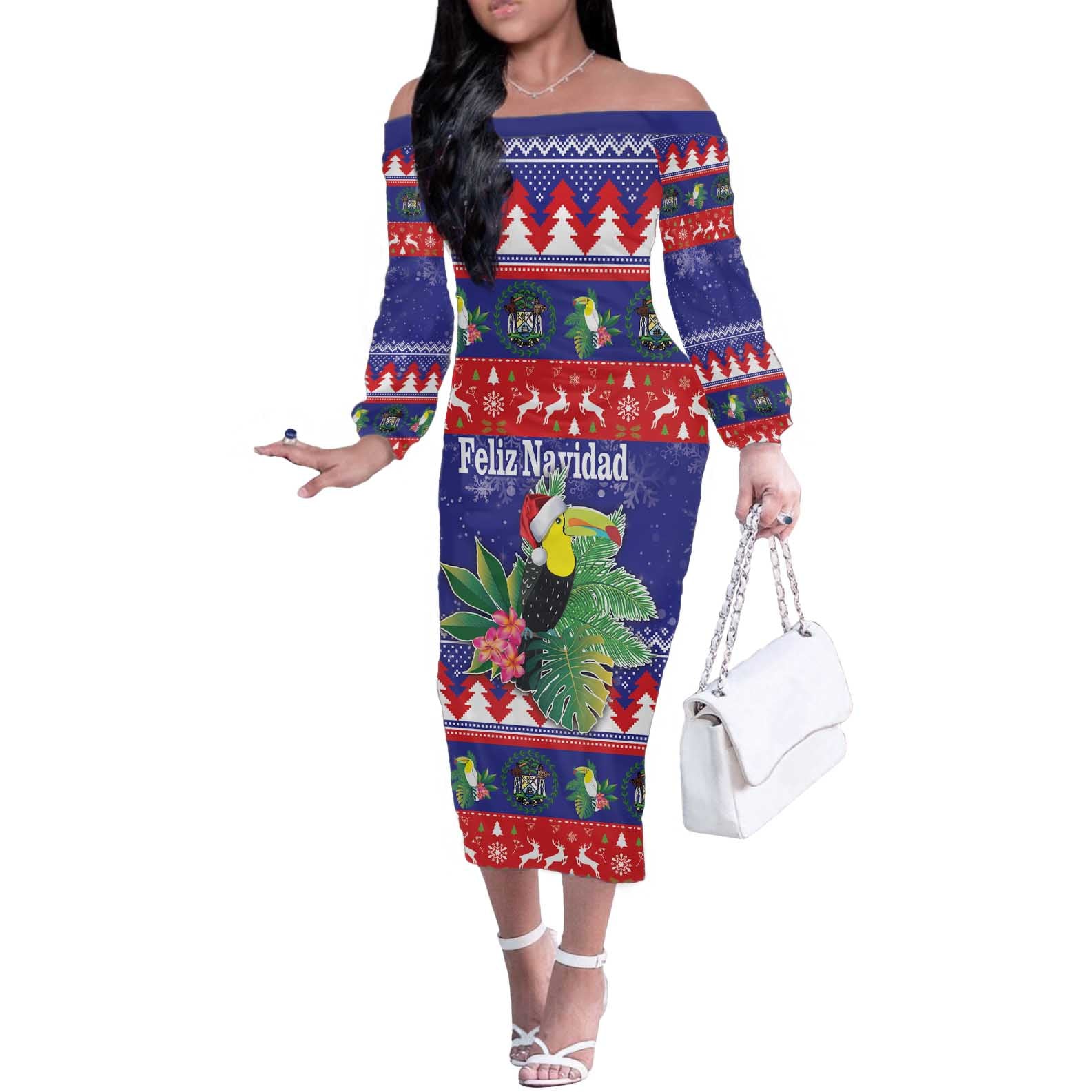 Belize Keel-billed Toucan Bird Christmas Off The Shoulder Long Sleeve Dress Feliz Navidad With Knitted Christmas Pattern - Wonder Print Shop