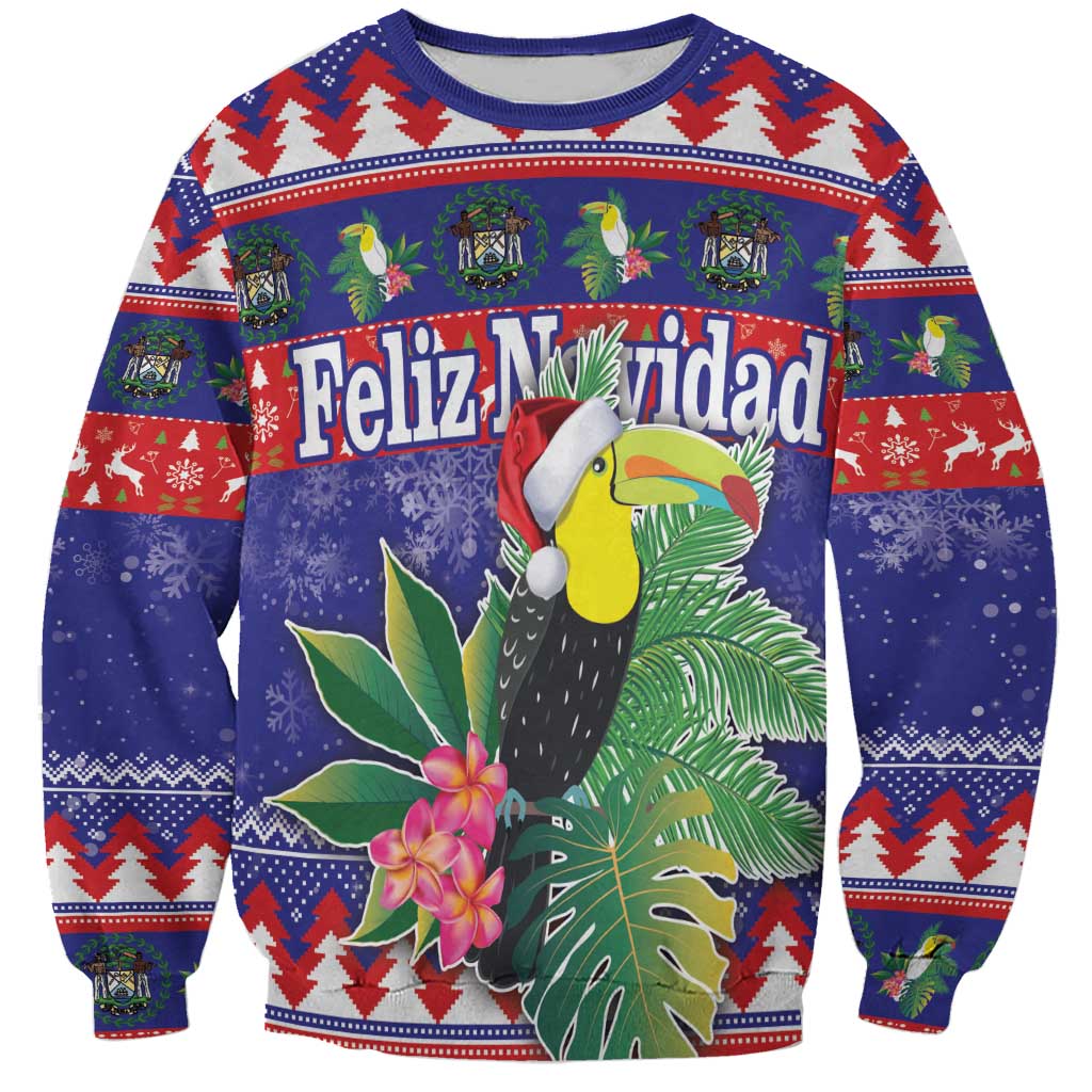 Unisex blue Christmas sweatshirt with toucan graphic and Feliz Navidad text, knit pattern