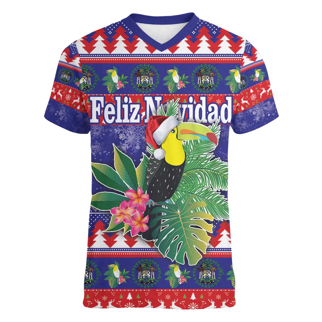 Belize Keel-billed Toucan Bird Christmas Women V-Neck T-Shirt Feliz Navidad With Knitted Christmas Pattern