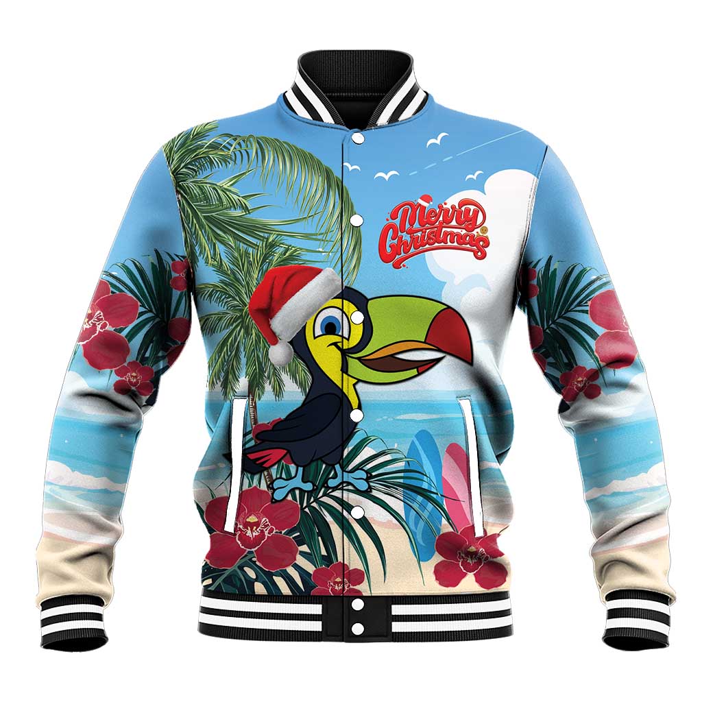 Blue unisex baseball jacket with Santa toucan and Merry Christmas graphic, palm leaves