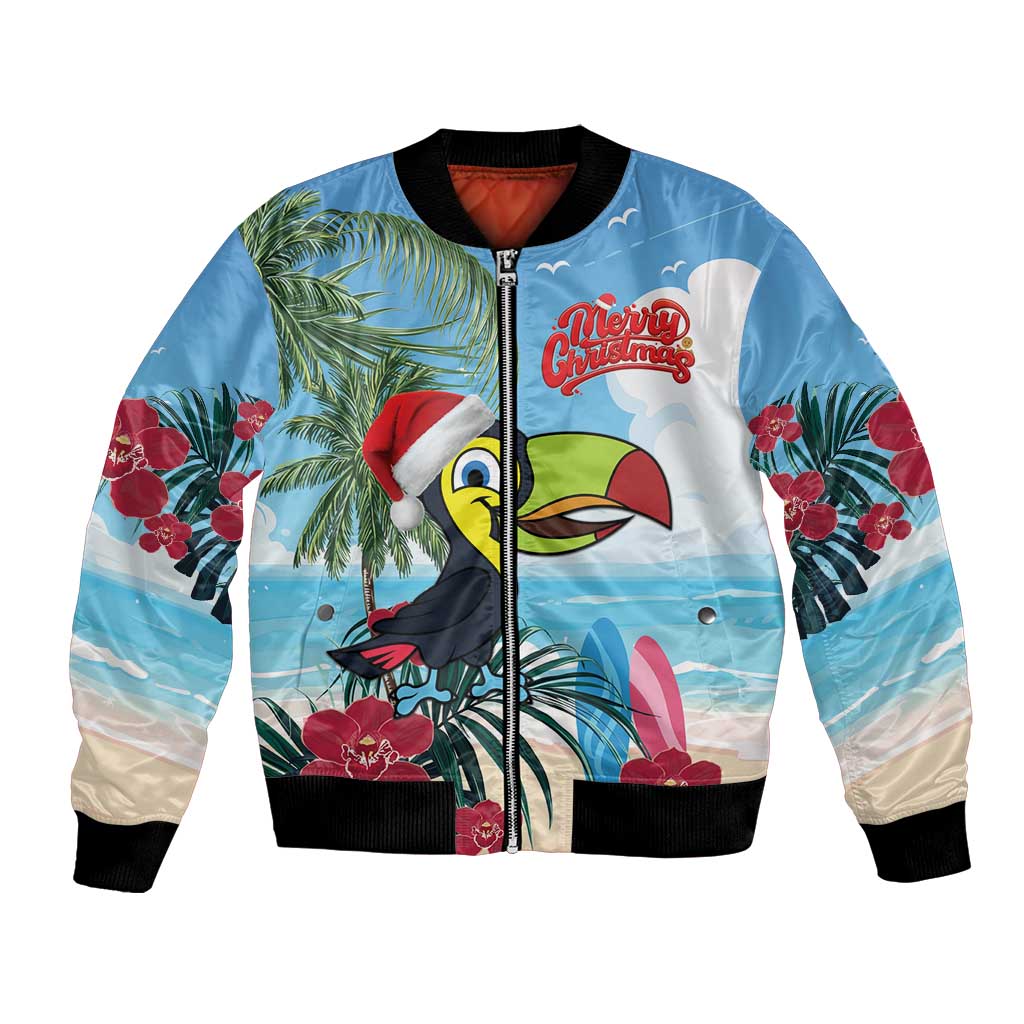 Unisex blue bomber jacket with zipper, toucan graphic, Merry Christmas, palm flowers