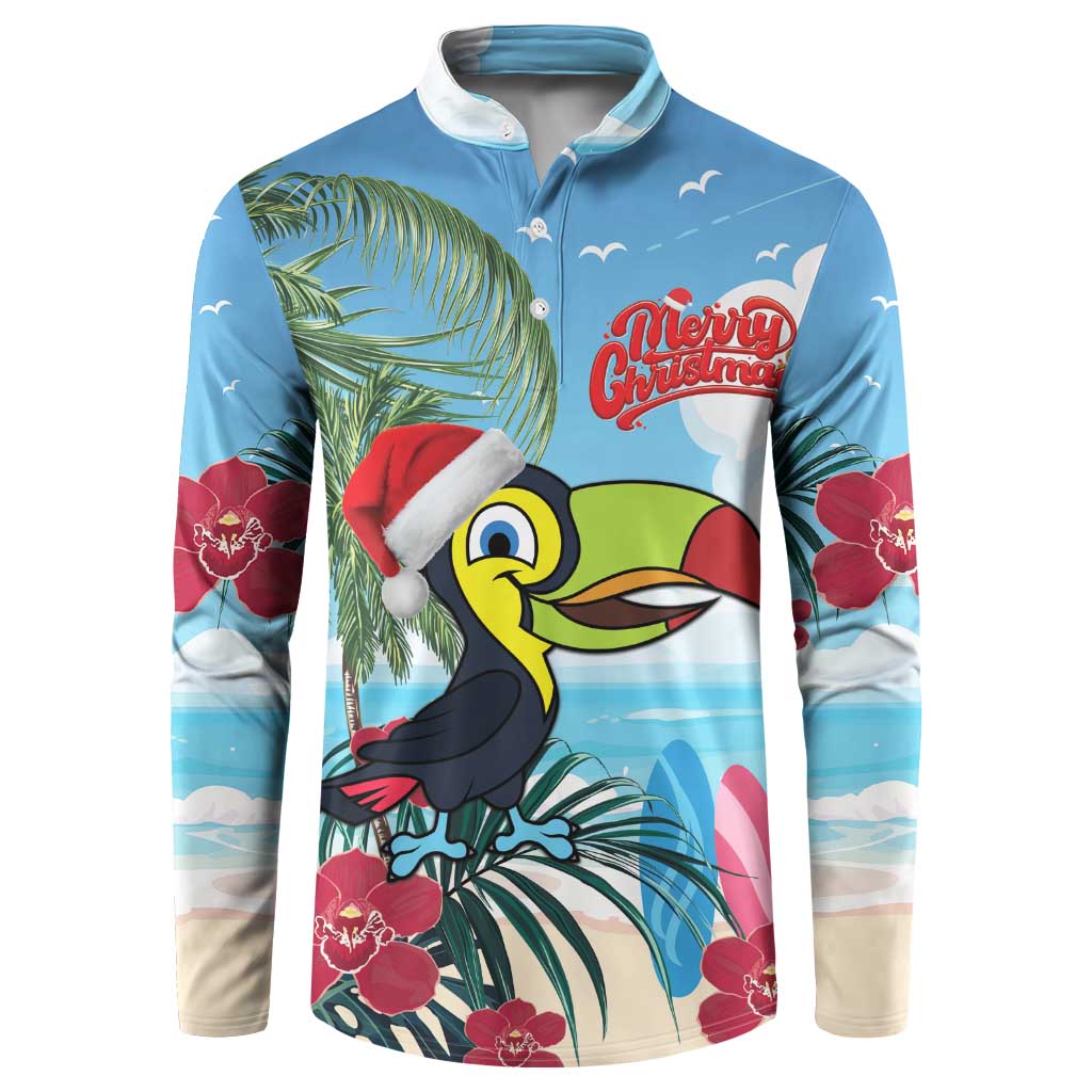 Men's light blue Christmas button sweatshirt with toucan, palm leaves, and red 'Merry Christmas'