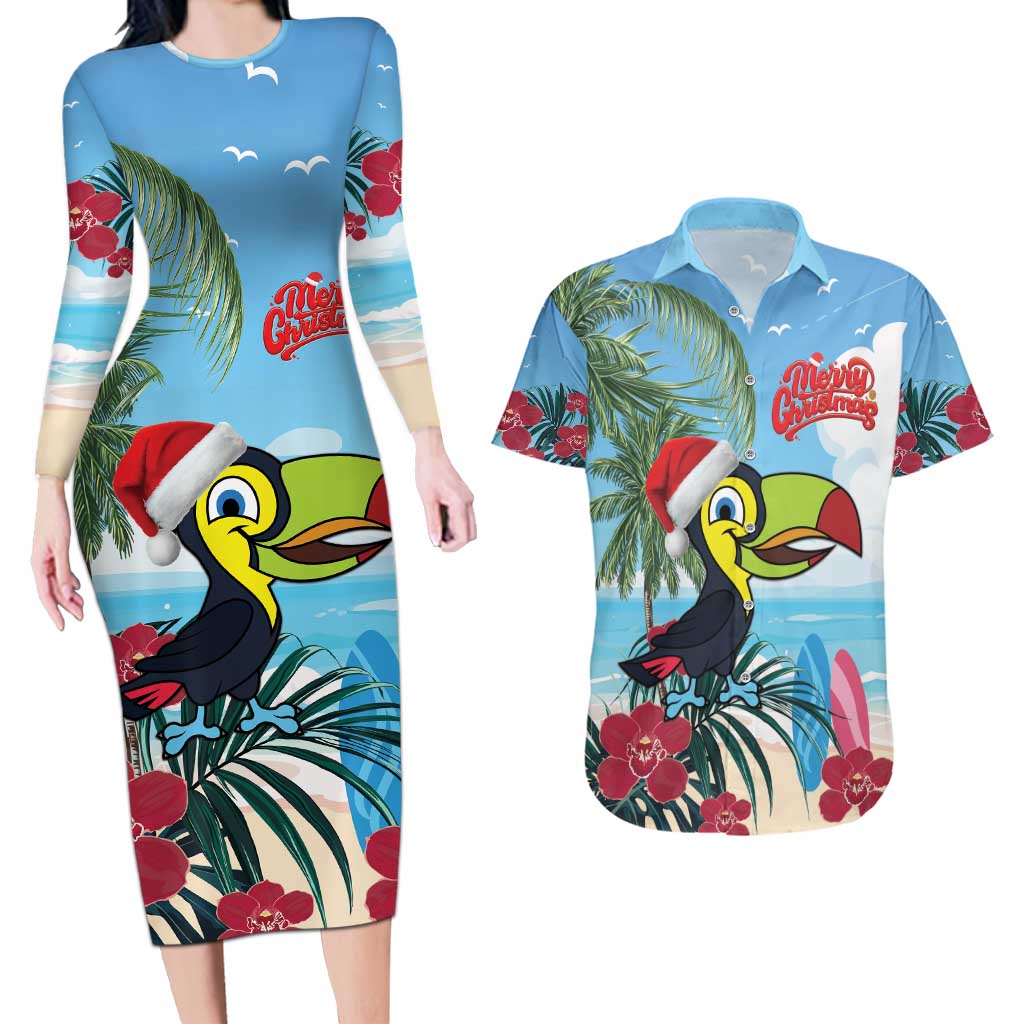 Belize Keel-billed Toucan Christmas Couples Matching Long Sleeve Bodycon Dress and Hawaiian Shirt Black Orchid Christmas Beach Vibe - Wonder Print Shop