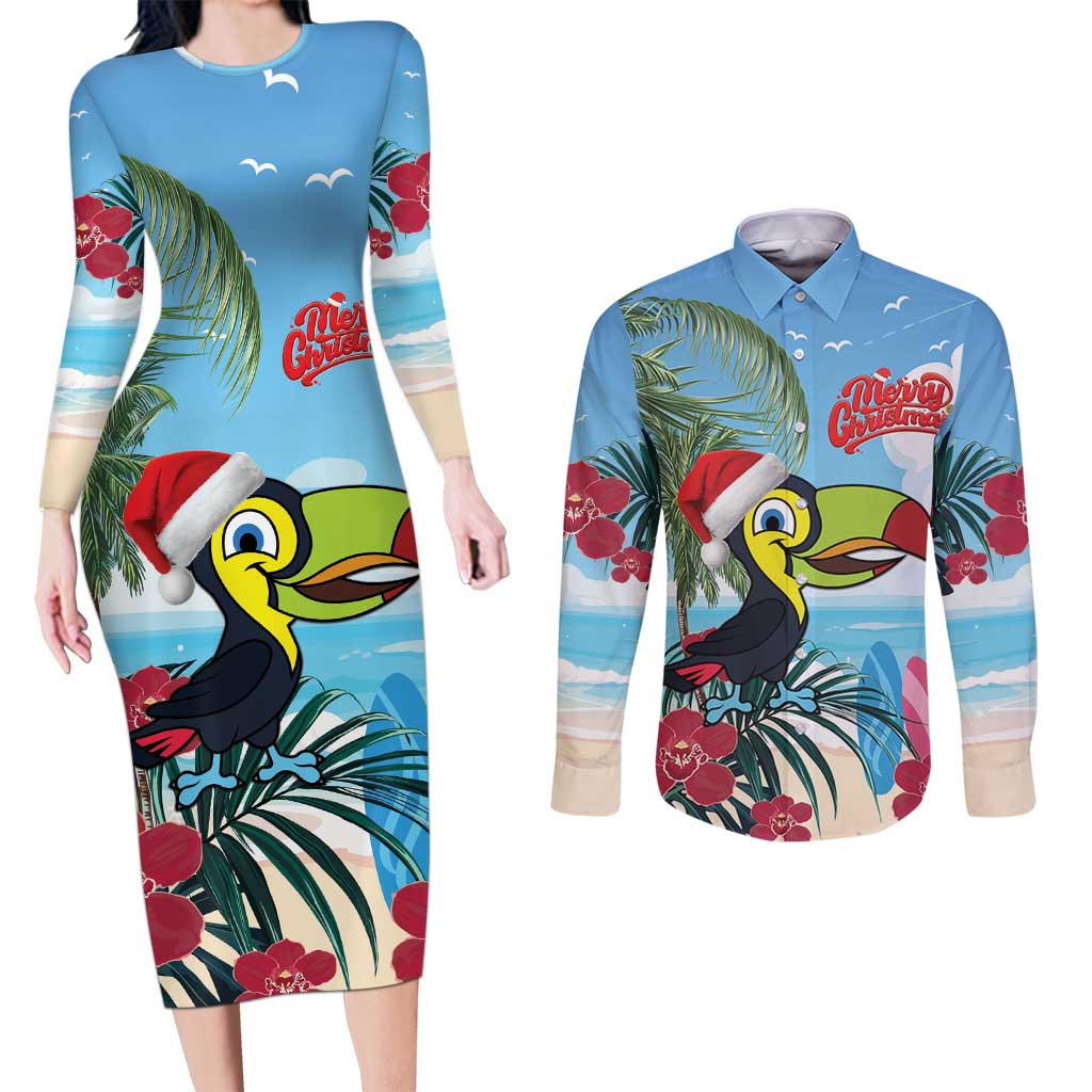 Belize Keel-billed Toucan Christmas Couples Matching Long Sleeve Bodycon Dress and Long Sleeve Button Shirt Black Orchid Christmas Beach Vibe - Wonder Print Shop