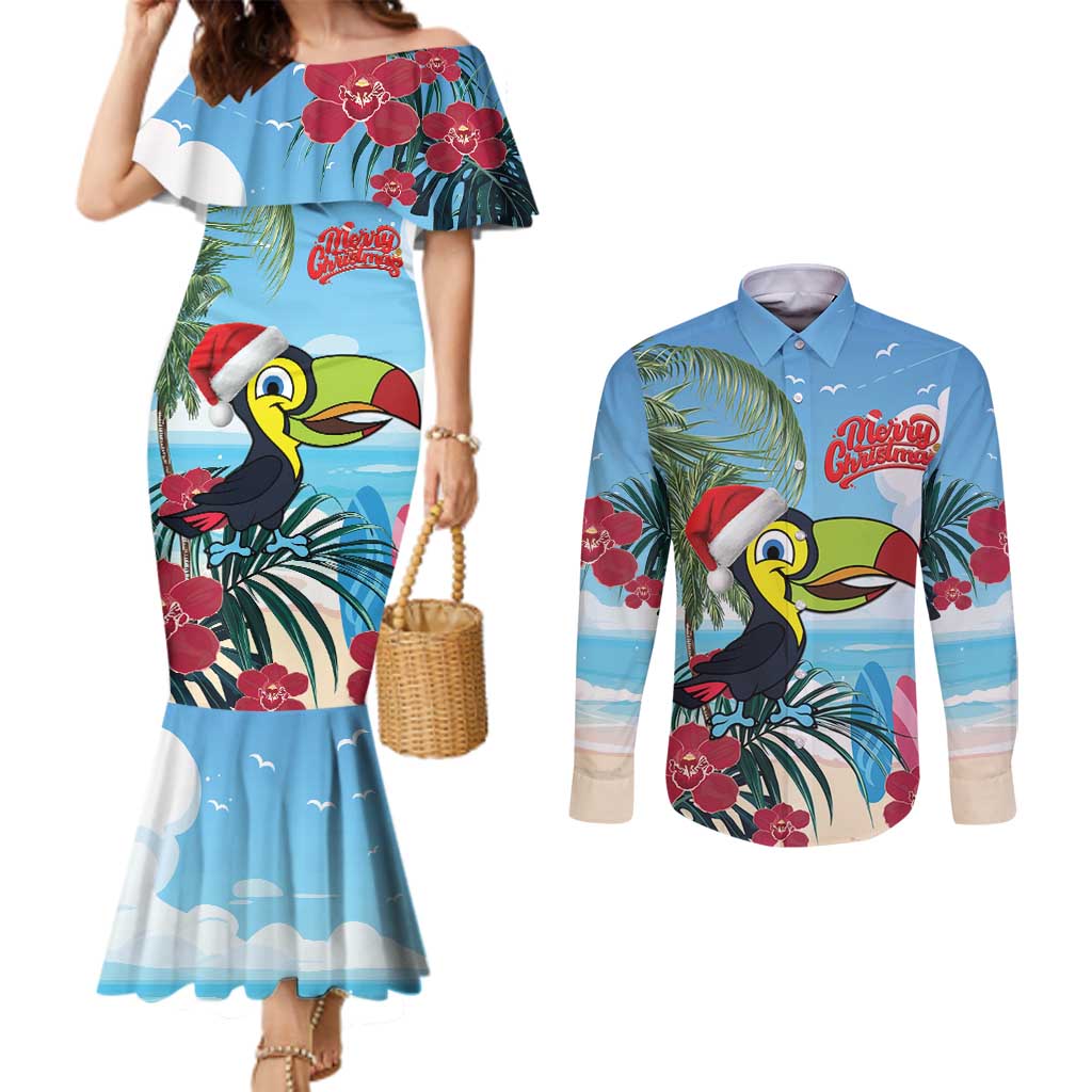 Belize Keel-billed Toucan Christmas Couples Matching Mermaid Dress and Long Sleeve Button Shirt Black Orchid Christmas Beach Vibe