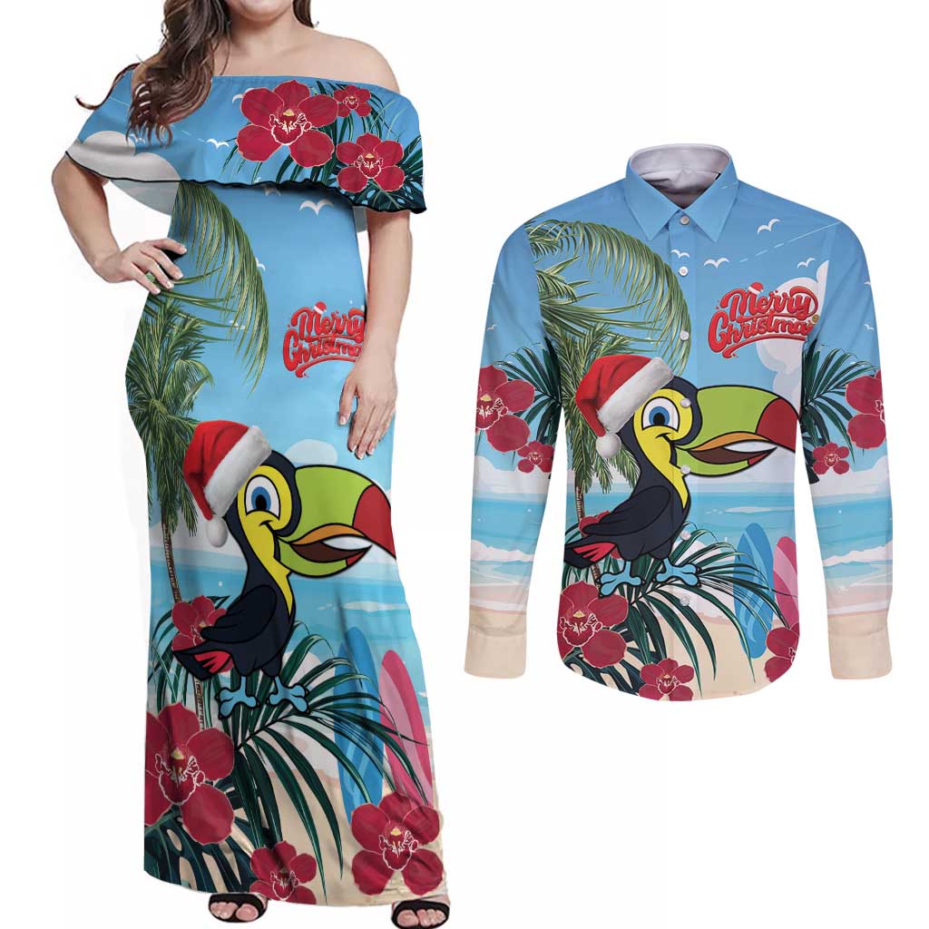 Belize Keel-billed Toucan Christmas Couples Matching Off Shoulder Maxi Dress and Long Sleeve Button Shirt Black Orchid Christmas Beach Vibe - Wonder Print Shop