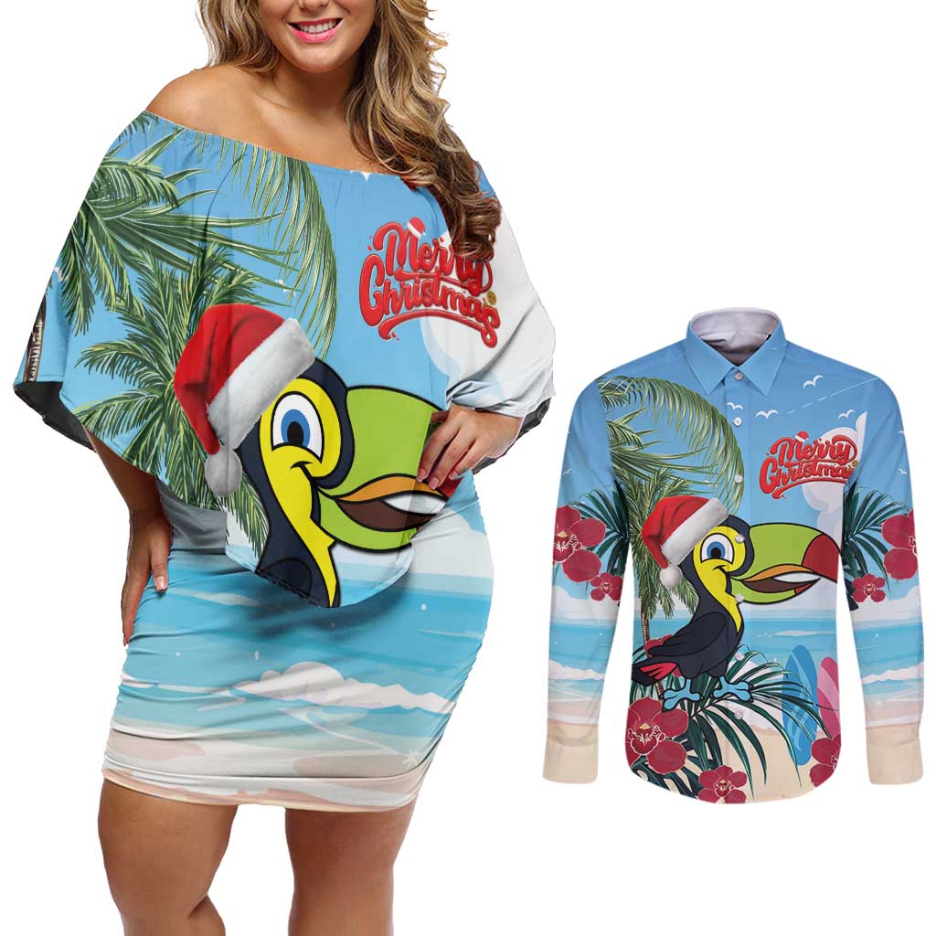 Belize Keel-billed Toucan Christmas Couples Matching Off Shoulder Short Dress and Long Sleeve Button Shirt Black Orchid Christmas Beach Vibe - Wonder Print Shop