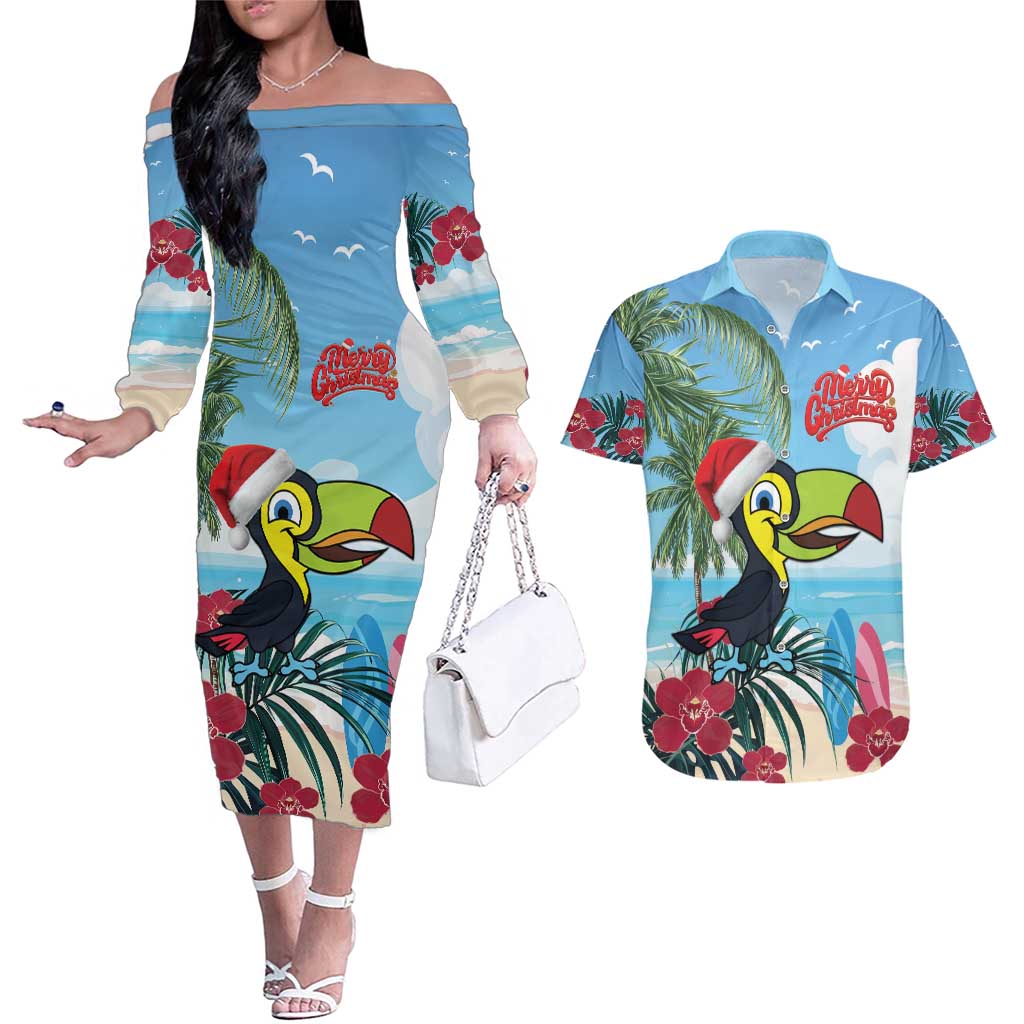 Belize Keel-billed Toucan Christmas Couples Matching Off The Shoulder Long Sleeve Dress and Hawaiian Shirt Black Orchid Christmas Beach Vibe - Wonder Print Shop