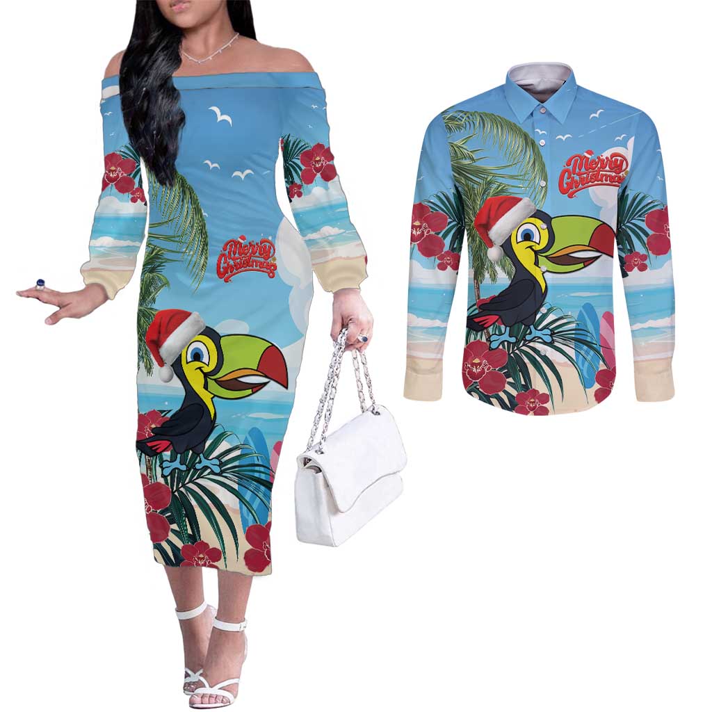 Belize Keel-billed Toucan Christmas Couples Matching Off The Shoulder Long Sleeve Dress and Long Sleeve Button Shirt Black Orchid Christmas Beach Vibe