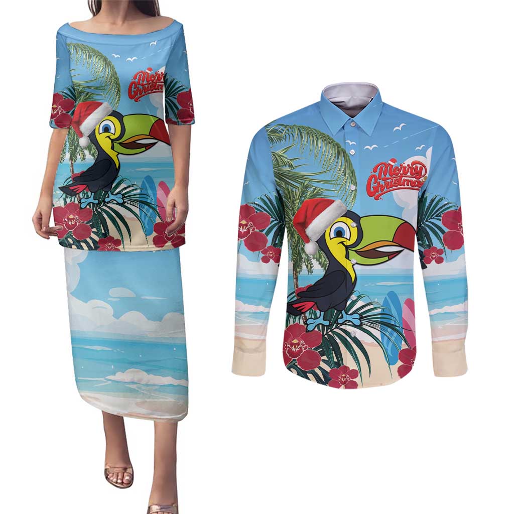 Belize Keel-billed Toucan Christmas Couples Matching Puletasi and Long Sleeve Button Shirt Black Orchid Christmas Beach Vibe - Wonder Print Shop