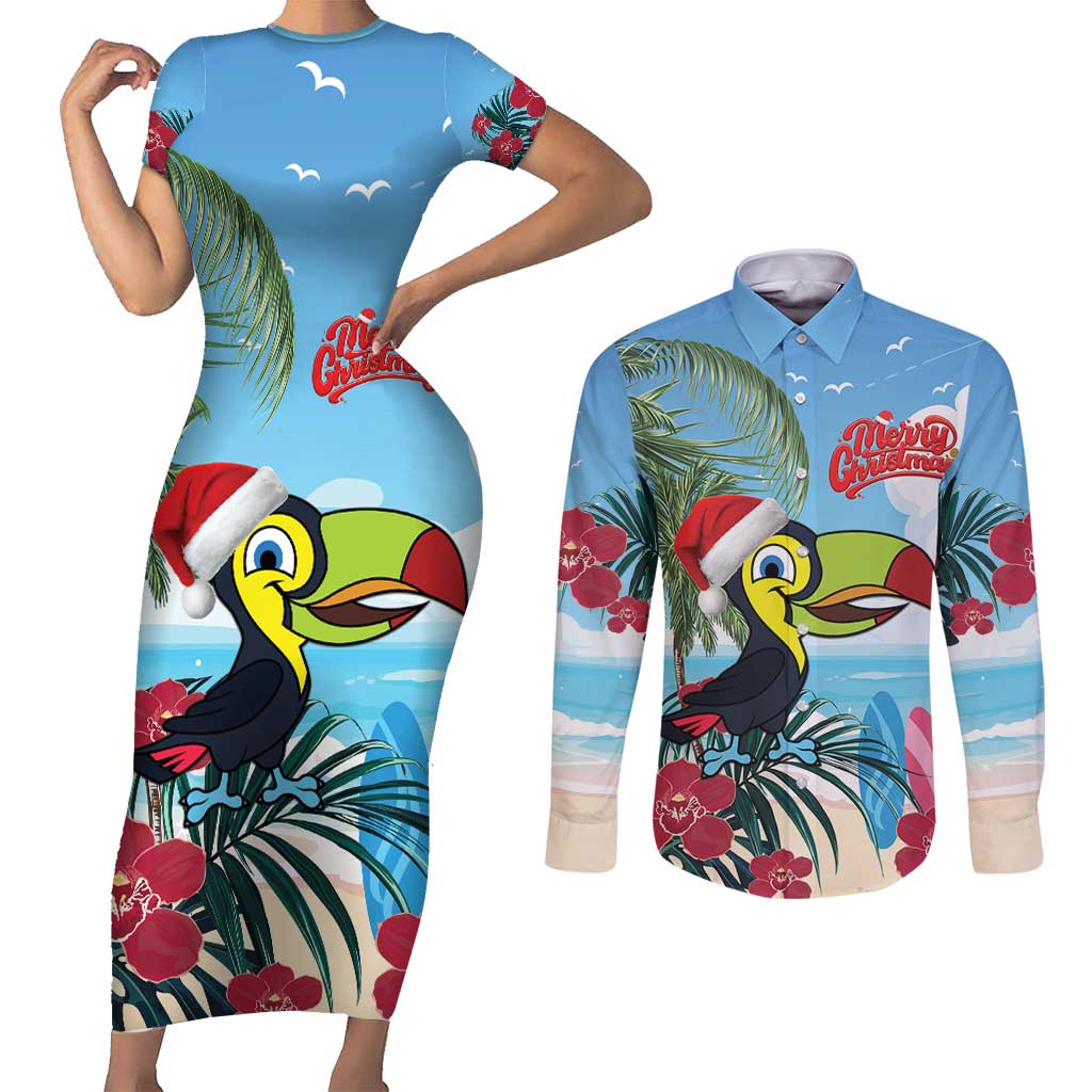 Belize Keel-billed Toucan Christmas Couples Matching Short Sleeve Bodycon Dress and Long Sleeve Button Shirt Black Orchid Christmas Beach Vibe - Wonder Print Shop