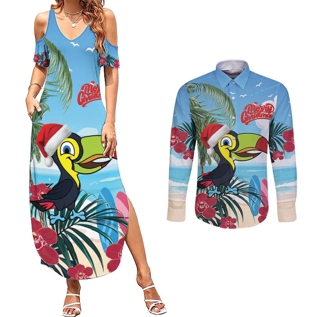 Belize Keel-billed Toucan Christmas Couples Matching Summer Maxi Dress and Long Sleeve Button Shirt Black Orchid Christmas Beach Vibe - Wonder Print Shop