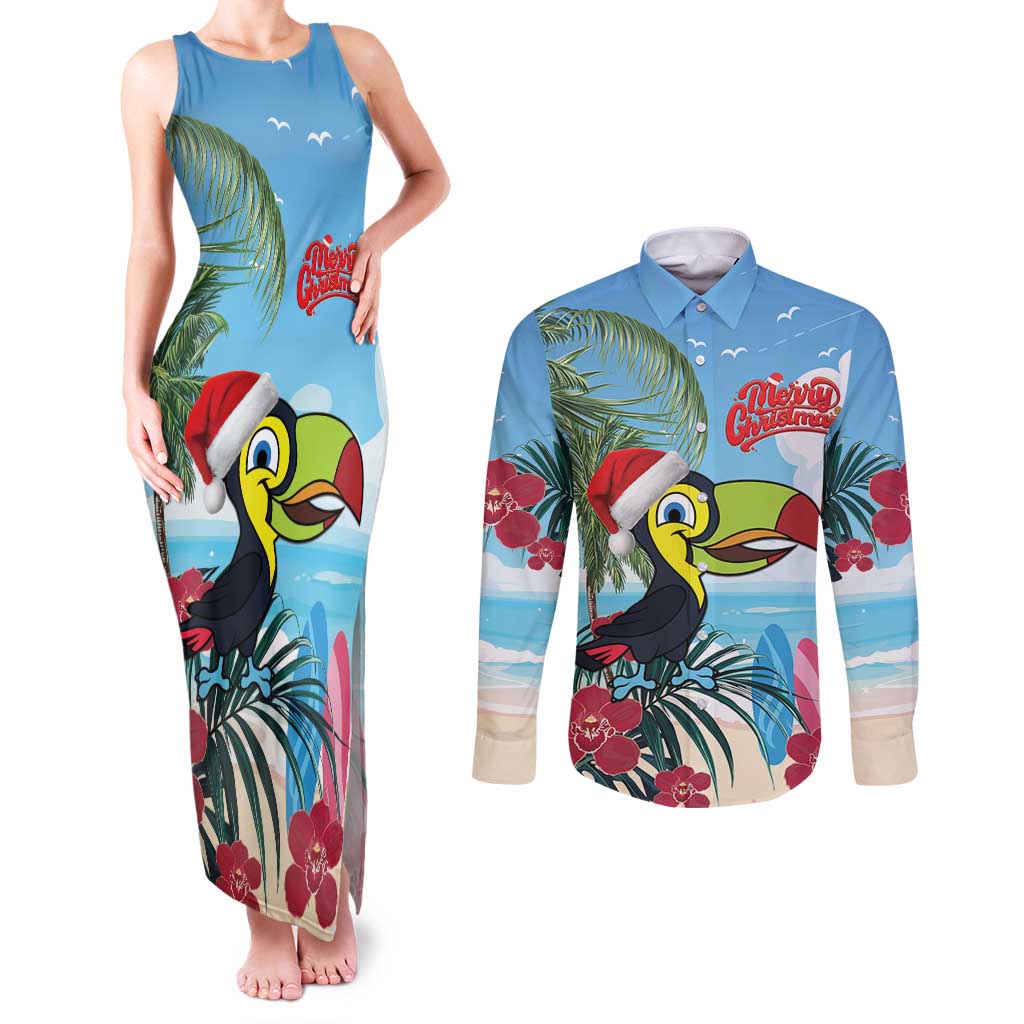 Belize Keel-billed Toucan Christmas Couples Matching Tank Maxi Dress and Long Sleeve Button Shirt Black Orchid Christmas Beach Vibe - Wonder Print Shop