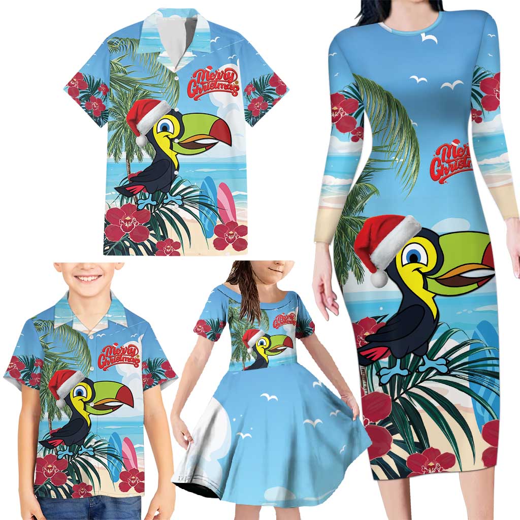 Belize Keel-billed Toucan Christmas Family Matching Long Sleeve Bodycon Dress and Hawaiian Shirt Black Orchid Christmas Beach Vibe - Wonder Print Shop