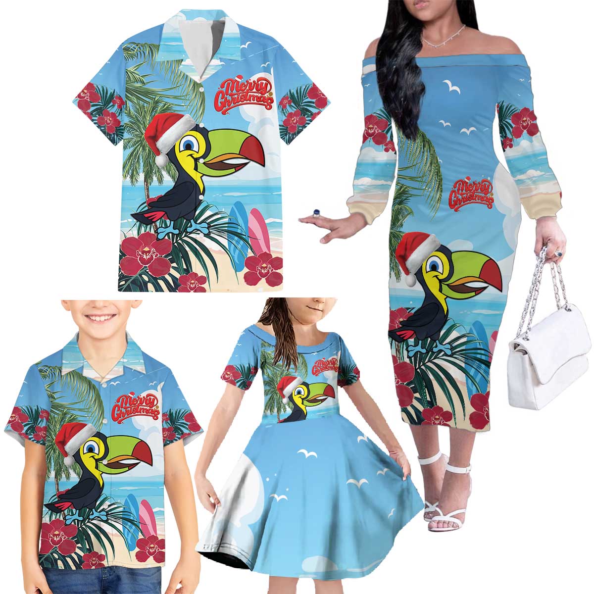 Belize Keel-billed Toucan Christmas Family Matching Off The Shoulder Long Sleeve Dress and Hawaiian Shirt Black Orchid Christmas Beach Vibe - Wonder Print Shop