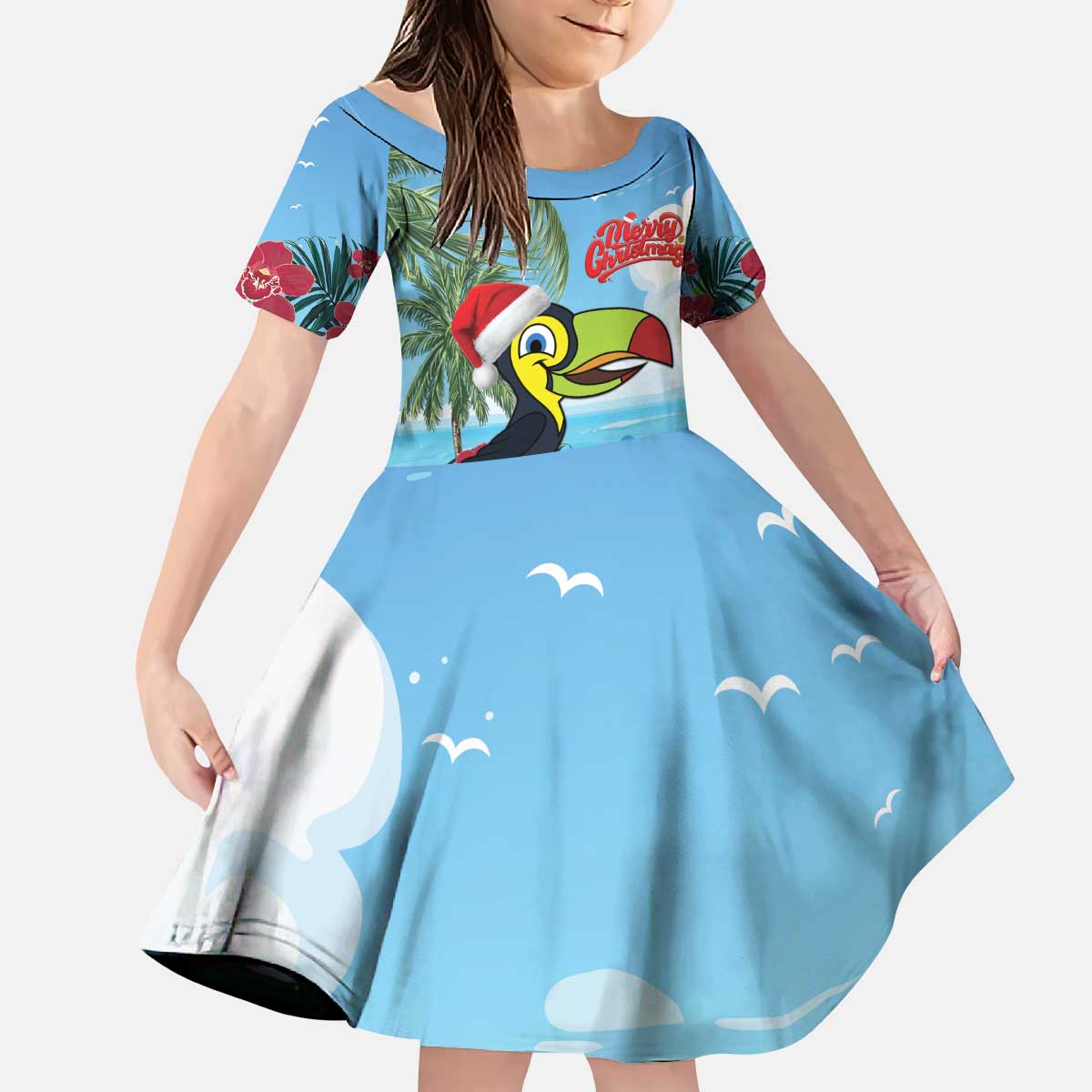 Belize Keel-billed Toucan Christmas Kid Short Sleeve Dress Black Orchid Christmas Beach Vibe - Wonder Print Shop