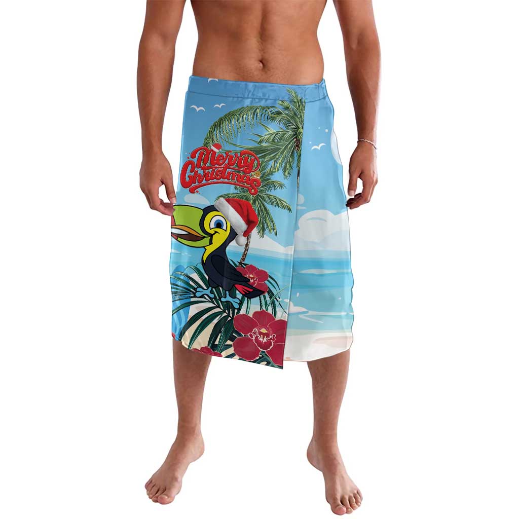 Blue knee-length beach wrap skirt with toucan, palm trees, and Christmas graphic