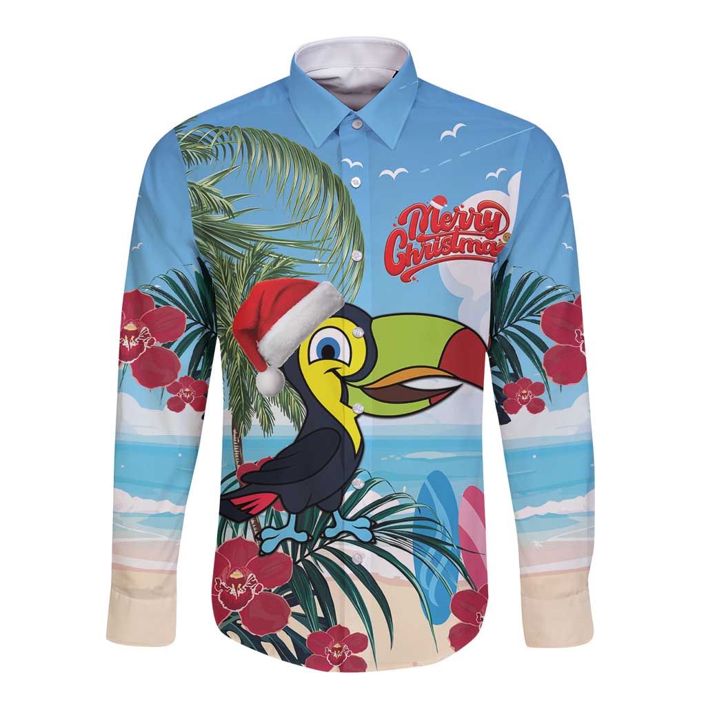 Unisex long-sleeve button shirt, blue tropical toucan with Santa hat graphic
