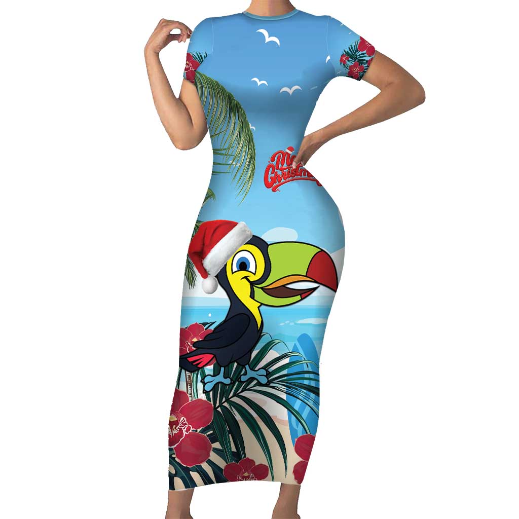 Belize Keel-billed Toucan Christmas Short Sleeve Bodycon Dress Black Orchid Christmas Beach Vibe