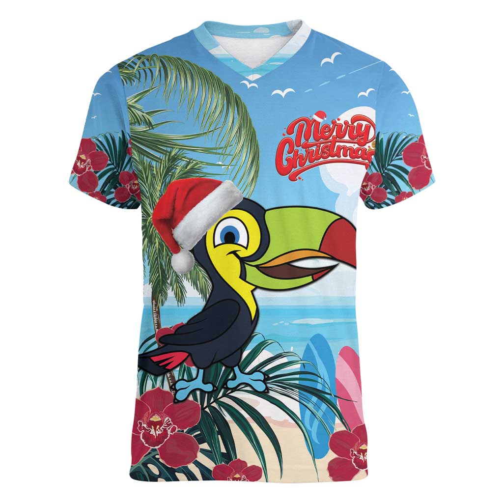 Belize Keel-billed Toucan Christmas Women V-Neck T-Shirt Black Orchid Christmas Beach Vibe