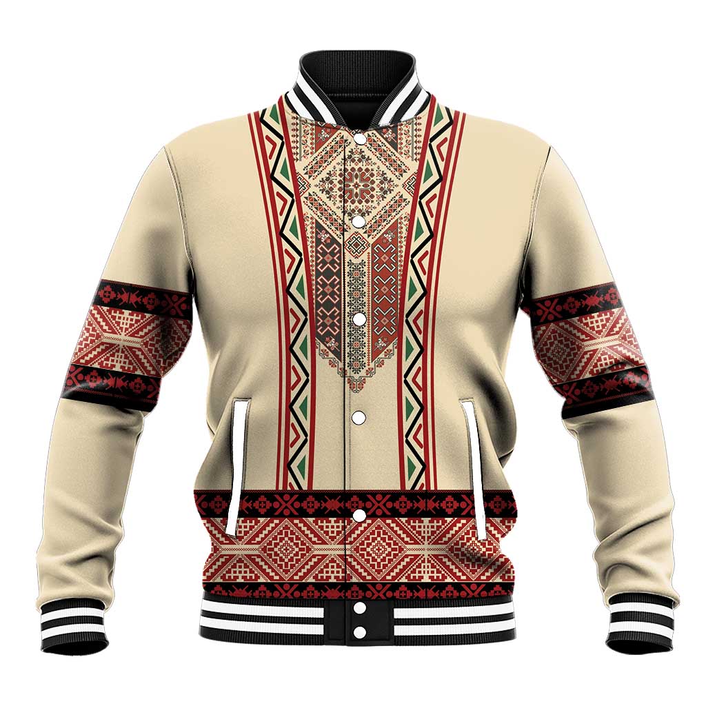 Beige baseball jacket with red traditional embroidery front and striped ribbed collar