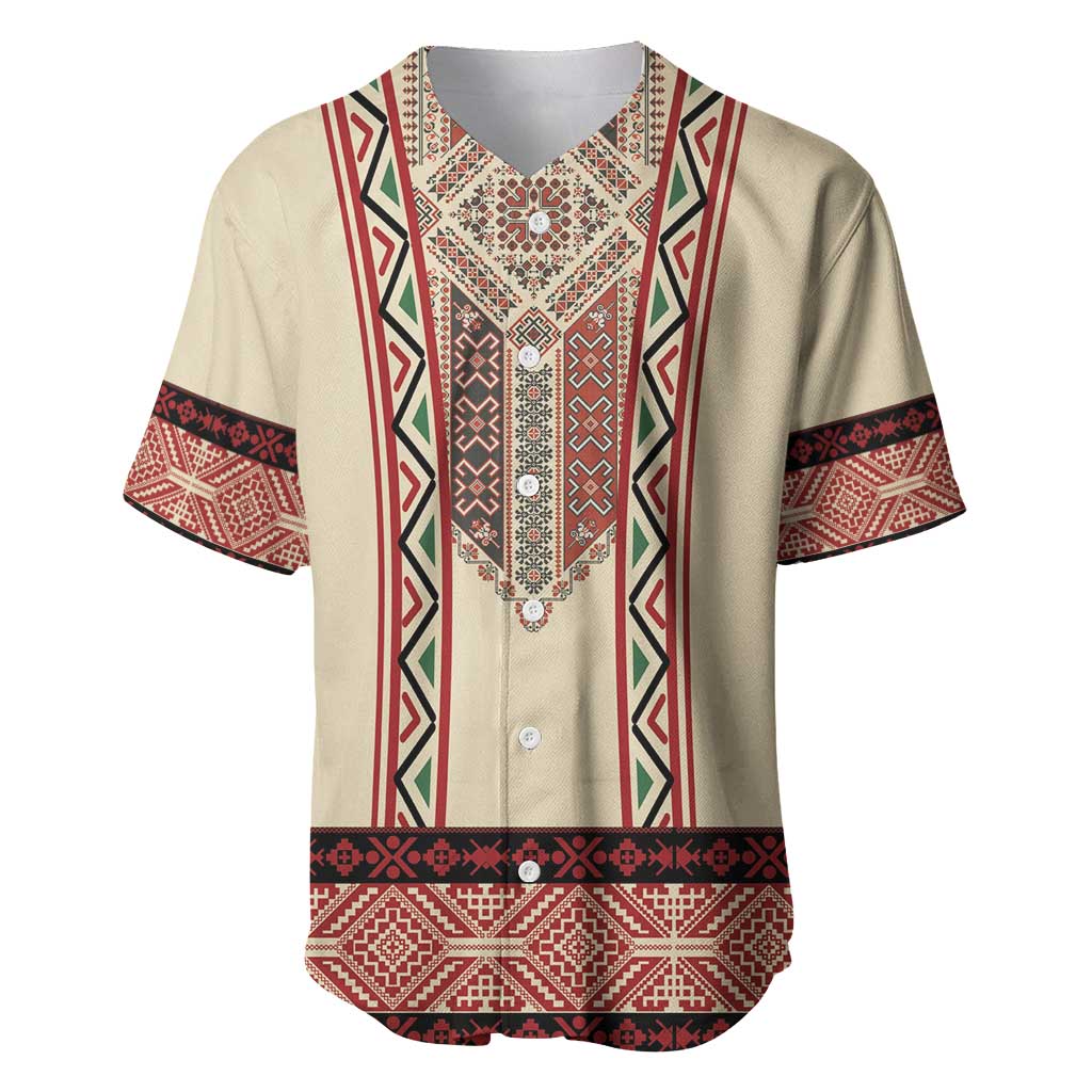 Traditional Romanian Baseball Jersey With Red Traditional Embroidery Patterns