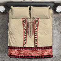 Beige bedding set featuring red, green, and black vertical embroidered design