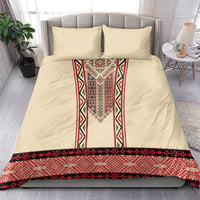 Beige duvet with red traditional embroidery stripe and matching pillow accents