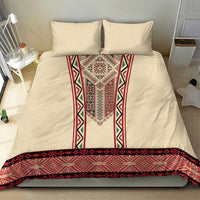 Beige bedding set with central red embroidered panel and black geometric border