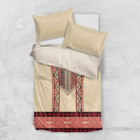 Beige bedding set with red, green, and black traditional vertical embroidery panel