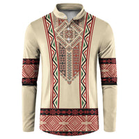 Beige long-sleeve button sweatshirt with red Romanian-style embroidery front panel