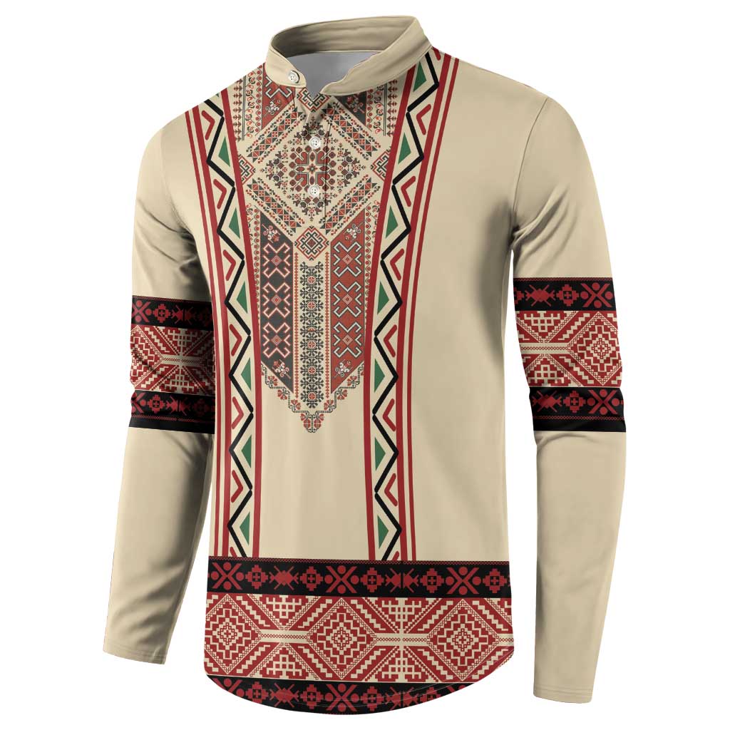 Beige long-sleeve button sweatshirt with red front embroidery and patterned cuffs