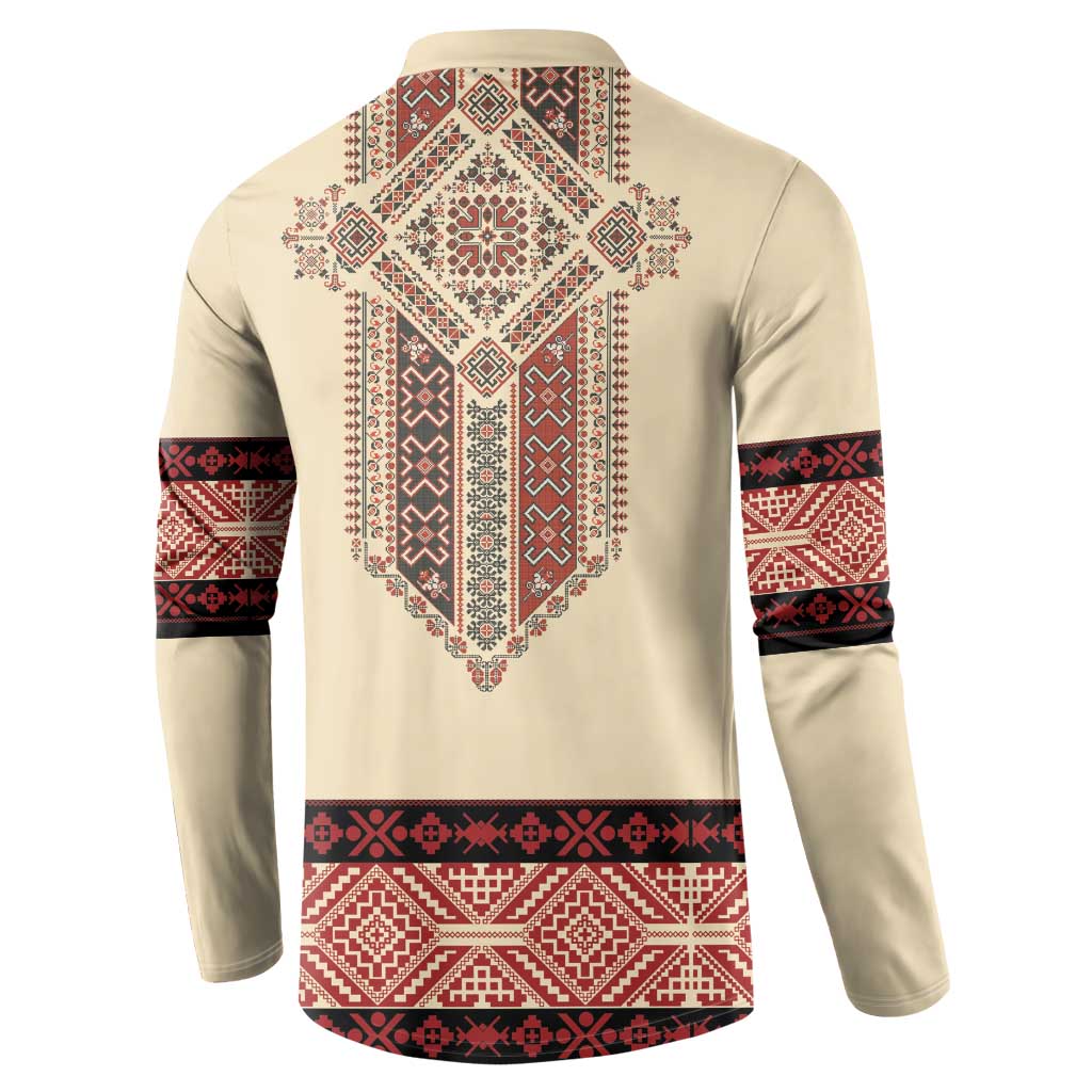 Beige button sweatshirt with red embroidery back yoke and patterned hem band