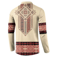Beige button sweatshirt with red embroidery back yoke and patterned hem band