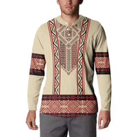 Beige long-sleeve button sweatshirt with red embroidered chest and sleeve stripe panels