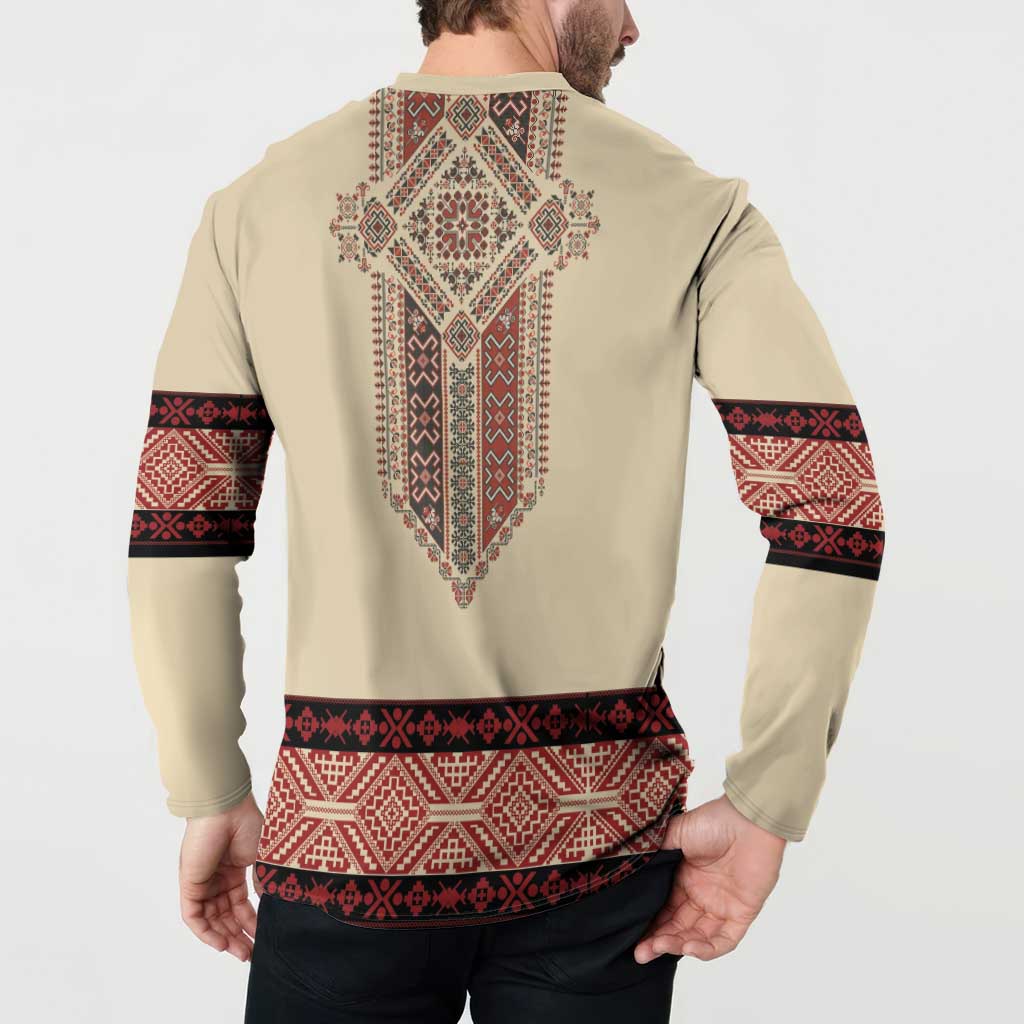 Beige sweatshirt with red back embroidery and striped sleeve bands, button neckline