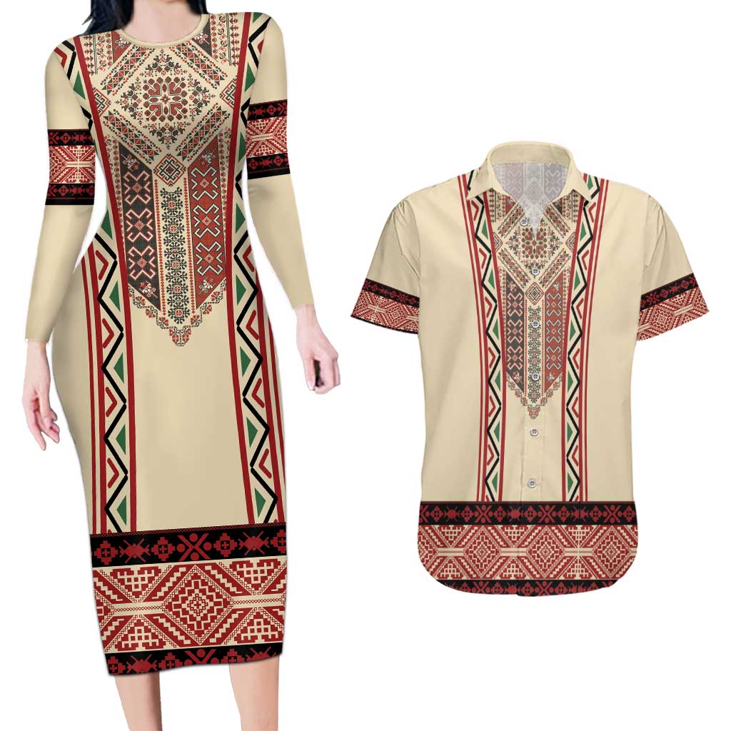 Traditional Romanian Couples Matching Long Sleeve Bodycon Dress and Hawaiian Shirt With Red Traditional Embroidery Patterns