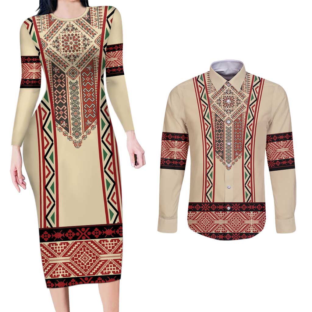 Traditional Romanian Couples Matching Long Sleeve Bodycon Dress and Long Sleeve Button Shirt With Red Traditional Embroidery Patterns