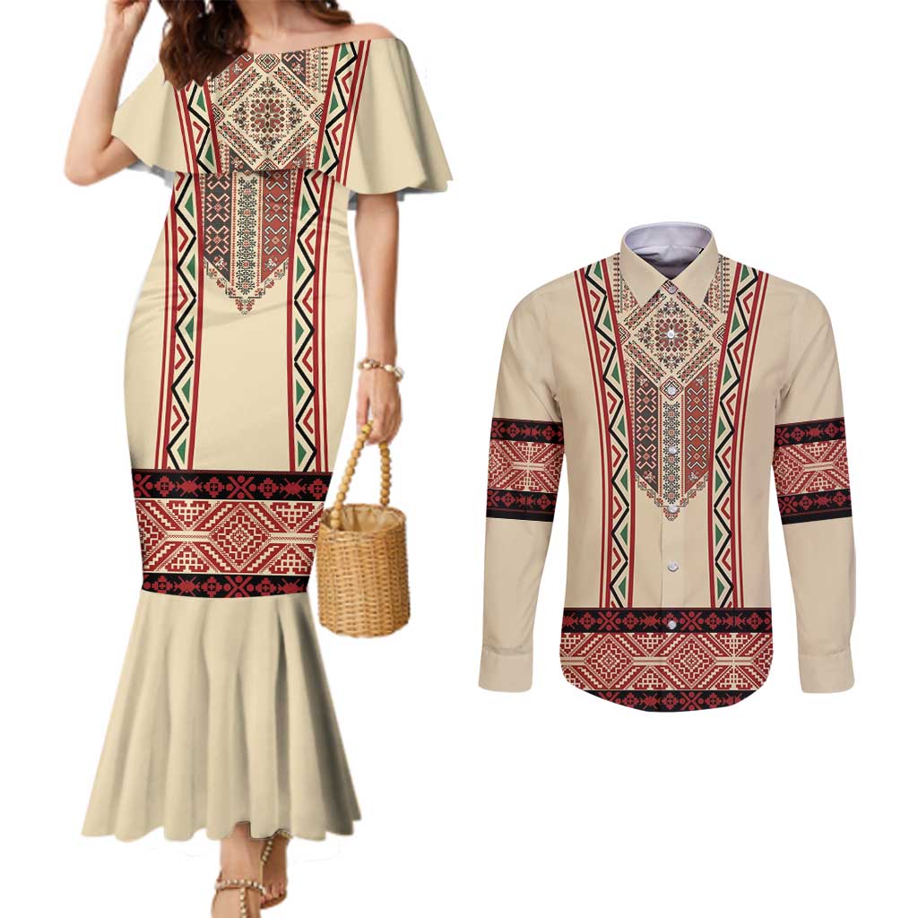 Traditional Romanian Couples Matching Mermaid Dress and Long Sleeve Button Shirt With Red Traditional Embroidery Patterns