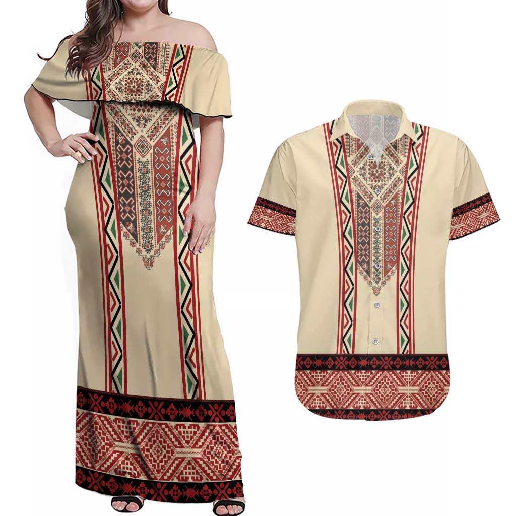 Traditional Romanian Couples Matching Off Shoulder Maxi Dress and Hawaiian Shirt With Red Traditional Embroidery Patterns