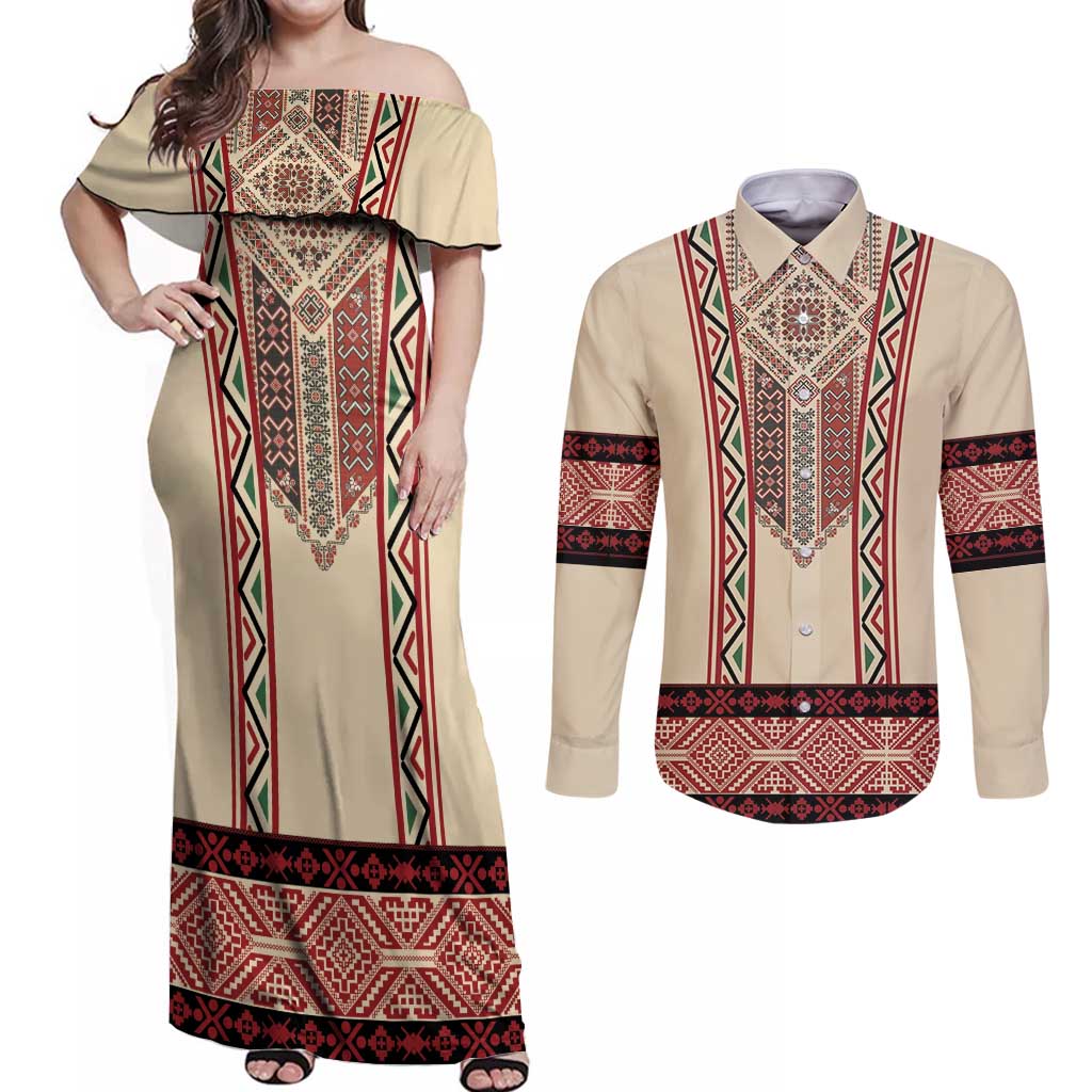 Traditional Romanian Couples Matching Off Shoulder Maxi Dress and Long Sleeve Button Shirt With Red Traditional Embroidery Patterns